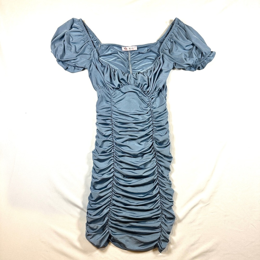 Blue Blush Los Angeles Ruched Bodycon Mini Dress Dusty Blue Puff Sleeve Small‎